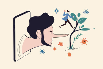 Fake news or misleading information of Coronavirus COVID-19 that people share on social media and internet, man panic running away on long nose liar talking people from social media app mobile phone.