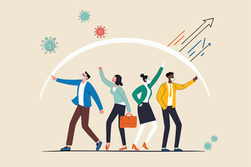 Herd immunity, immunized people who cured from Coronavirus COVID-19 viral disease concept, people wearing face mask together with shield or guard effect to protect from infection Coronavirus pathogen.