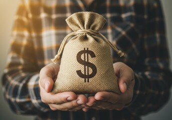 A person holds a canvas money bag