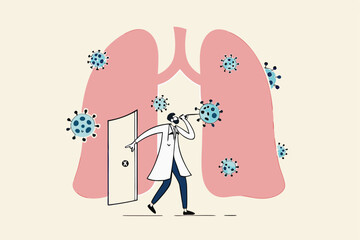 Doctor work hard fight with Coronavirus COVID-19 to safe patient from lungs infection pneumonia concept, doctor tried from work to help patient with open door to see lungs with Coronavirus pathogen.