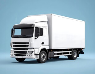 Isolated icon-style photo of a box truck in white, angled view on solid background, clean commercial presentation