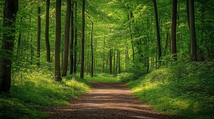 Obraz premium Sunlit Path Through Lush Green Deciduous Forest: Tranquil Nature Trail in Summer Woods.