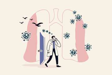 Doctor work hard fight with Coronavirus COVID-19 to safe patient from lungs infection pneumonia concept, doctor tried from work to help patient with open door to see lungs with Coronavirus pathogen.