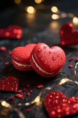 Red Heart-Shaped Macarons with Water Droplets and Romantic Lights