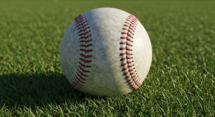 Baseball close-up lies on the grass.