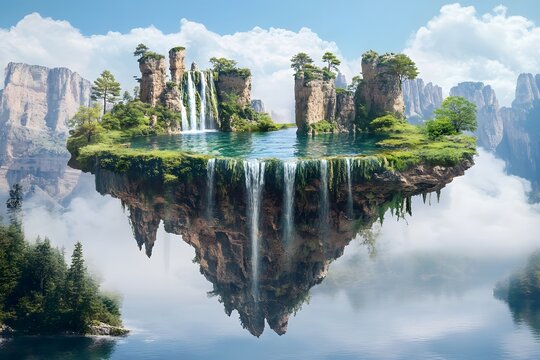 Surreal floating island paradise with waterfalls trees and tranquil lake amidst the clouds - Powered by Adobe
