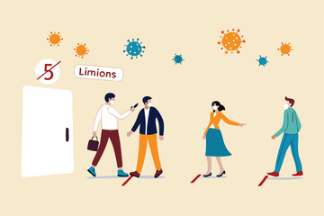 New normal social distancing lifestyle in COVID-19 Coronavirus era, people wearing face mask wait in line keep distance away and checking body temperature before entering store and limit people inside