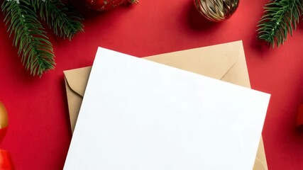 Festive Christmas arrangement with blank card, envelope, ornaments, wrapped gift, and evergreen branches on red background.