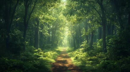 Obraz premium Serene Path Through Sun-Dappled Forest: Mystical Woodland Trail in Lush Green Canopy