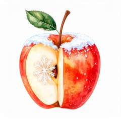 Watercolor Red Apple Halved with Snow and Snowflake