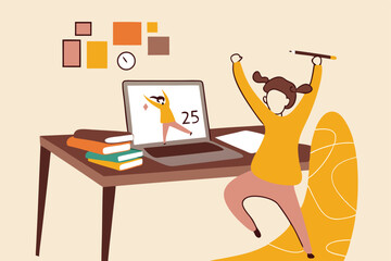 Children study at home while COVID-19 lockdown, school closed to prevent coronavirus crisis concept, happy girl school kid standing on living room chair study with virtual teacher in computer laptop.