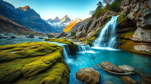 Ai generated image of cascading waterfalls flow into a turquoise pool, mossy rocks lead to snowcapped mountains under a clear blue sky - Powered by Adobe