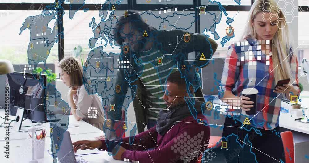 Poster coworkers working on laptop while one pointing at screen, business data map fading for analysis