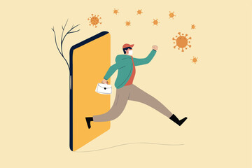 Shopping online and fast shipping while self quarantine in social distancing Coronavirus COVID-19 outbreak concept, agile delivery man run from smart phone shopping website ship package to customer
