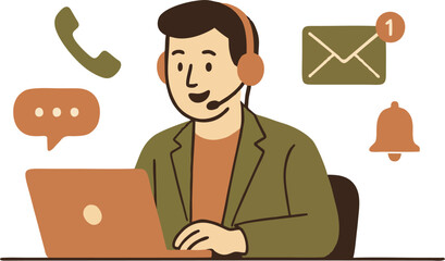 Smiling support agent working at laptop