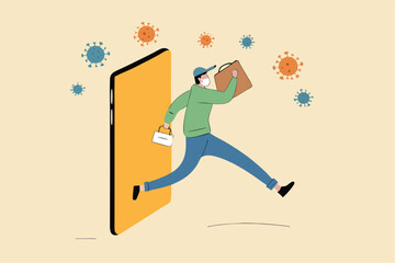 Shopping online and fast shipping while self quarantine in social distancing Coronavirus COVID-19 outbreak concept, agile delivery man run from smart phone shopping website ship package to customer