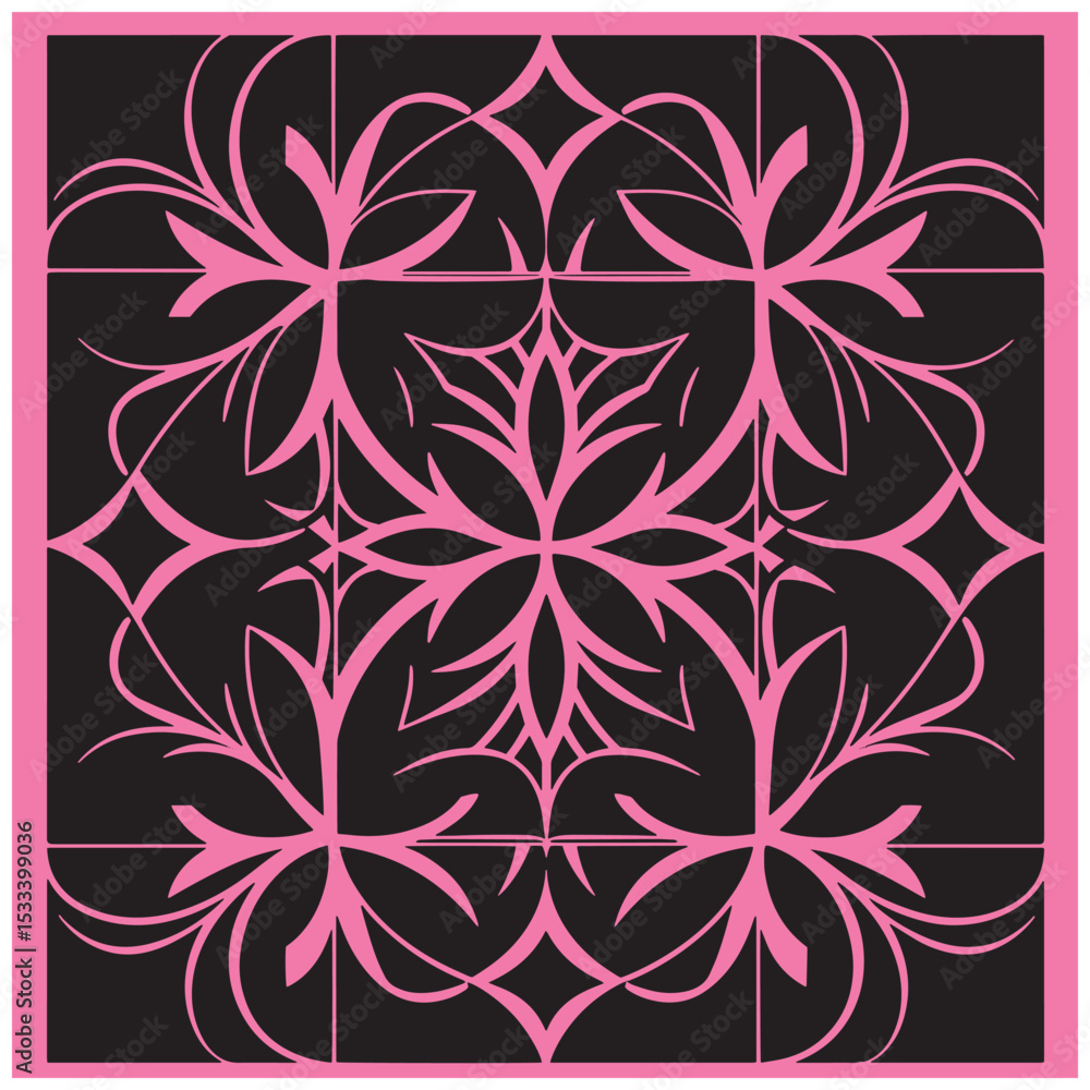 Poster abstract pink floral pattern on black background with a square frame for modern design