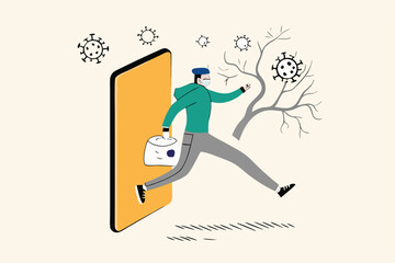 Shopping online and fast shipping while self quarantine in social distancing Coronavirus COVID-19 outbreak concept, agile delivery man run from smart phone shopping website ship package to customer