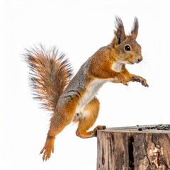 Obraz premium Red Squirrel Leaping from Tree Stump on White Background