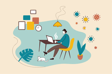 Work from home video conference meeting with team in social distancing Coronavirus COVID-19 pandemic concept, office guy stay home working at home chair conference meeting with team on laptop computer