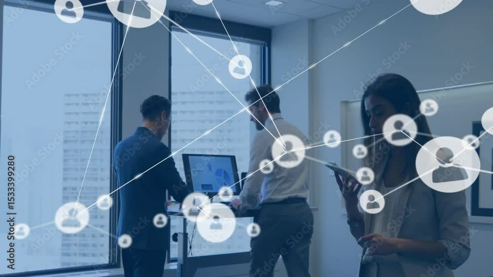 Poster team analyzing charts and scrolling phone after node appearance while tech overlay expanding
