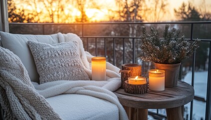 Cozy winter balcony with candles, blanket, and pillows at sunset providing peace