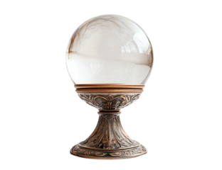 Crystal glass ball on ornate bronze stand, isolated, transparent background, fortune telling, mystical, prediction, magic, fantasy, esoteric, mysterious, divination, occult, witchcraft, wizardry,