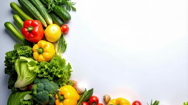 Fresh assorted vegetables border on plain white surface, healthy eating, vibrant colors, overhead shot, culinary backdrop.