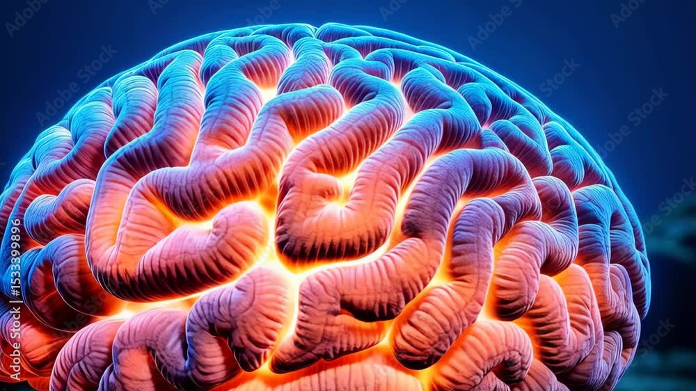 Poster human brain with red and blue lighting showing thought process and neural activity, neural network w