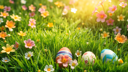 Fototapeta premium Vibrant spring scene with lush green grass, easter concept, and copy space for design