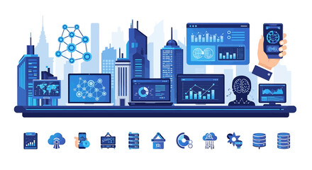 Obraz premium Set of Vector Icons Blue data visualization cityscape with network connections and human brain silhouette. Vector Illustrations
