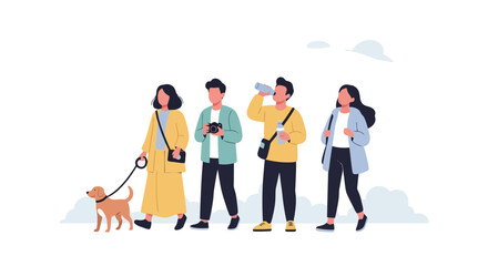 People Walking with Dog and Devices, Minimalist Illustration