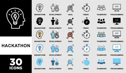 HACKATHON  icon set with various styles and colors of brainstorm, development, programming, timing, speed, teamwork, and goal