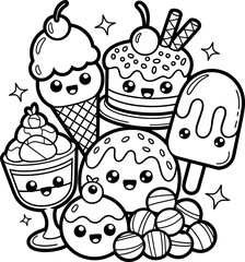 A delightful party of cute dessert characters! This sweet illustration features a happy ice cream, cake, sundae, and more, all sparkling with joy and waiting to be brought to life with color.