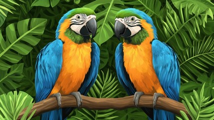 Fototapeta premium Vivid pair of macaws on a branch amidst lush tropical foliage artwork