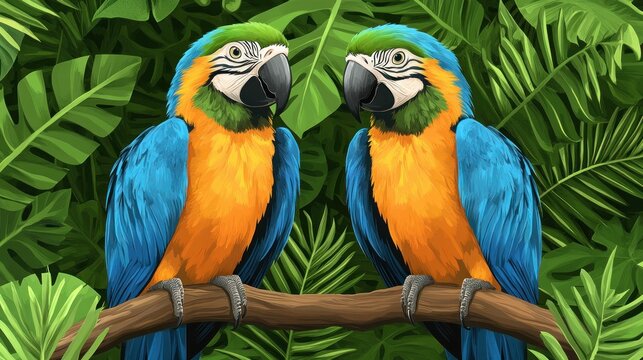Vivid pair of macaws on a branch amidst lush tropical foliage artwork