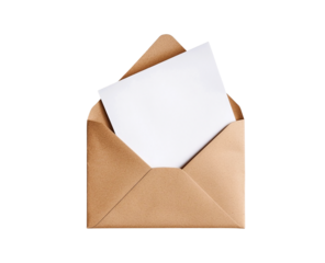 Kraft paper envelope with blank white card inside, transparent background, top view, stationery mockup, invitation template, message, correspondence, communication, simple design, elegant