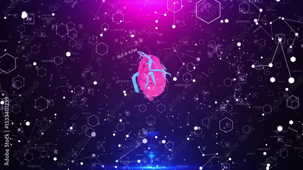Poster abstract heart with chemical elements and formulas on a purple gradient background video