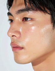 Fototapeta premium 日本人, 超リアル, 美しい, 若い男性, 顔, クローズアップ, 欠点のない肌, 輝く肌質, ナチュラルメイク, 柔らかなライティング, 美容CM風, シネマティック, カメラ目線, 高解像度,Japanese, ultra-realistic, beautiful, young man, face, close-up, flawless skin, glowing complexion