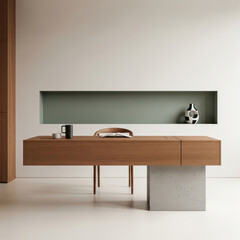 Modern minimalist home office desk with wooden surface, concrete pedestal, stylish decor, and built-in niche wall shelf in neutral tones