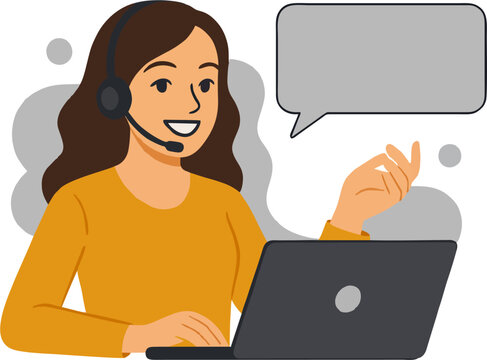 Animated woman using headset at computer