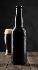 Dark Beer Bottle with Condensation and a Glass on a Rustic Wooden Table
