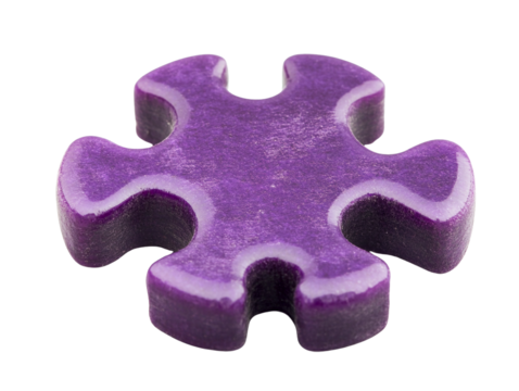 Single purple jigsaw puzzle piece isolated on transparent background, close-up view showing texture and detail.