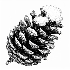 Detailed Black And White Drawing Of A Pine Cone With Snow