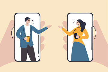 Video conference during COVID-19 Coronavirus outbreak, people using technology work at home remotely concept, man and woman teammate working remotely using smartphone or mobile phone for meeting.