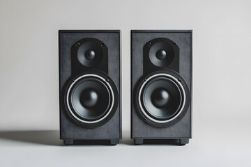 Two modern black speakers against a clean neutral background for sound and audio.