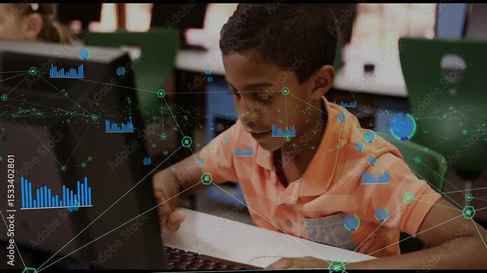 Aufkleber boy starting typing and increasing speed for accessing educational data chart overlay around screen