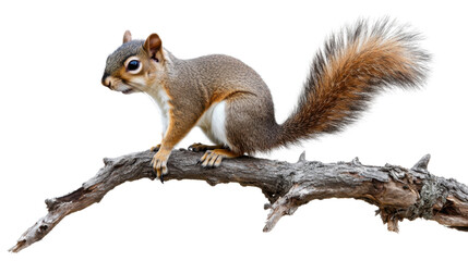 Squirrel attentively perches on a textured tree branch with alert posture and natural fur details isolated on white background