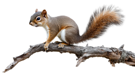 Squirrel attentively perches on a textured tree branch with alert posture and natural fur details isolated on white background
