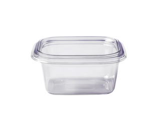 Empty clear plastic square food container with transparent background, ideal for packaging mockups or product presentations, showcasing its clean and simple design.